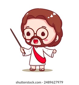 Niedlicher Jesus-Unterricht mit Pointer-Cartoon-Vektorgrafik. In: Christianity Religion Concept Design. Entzückende Chibi Jesus Christus Charakterillustration. Isolierter weißer Hintergrund.