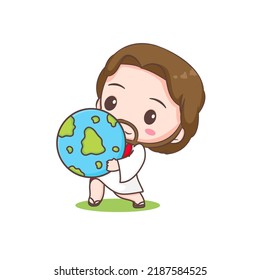 Cute Jesus upholds the world. Chibi cartoon character isolated white background.