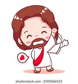 Cute Jesus Waving Hand Cartoon Vector. Christianity Religion Concept Design. Adorable Chibi Jesus Christ Character Illustration. Isolated White Background.