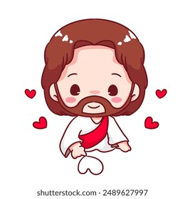 Cute Jesus Write On The Ground Cartoon Vector. Christianity Religion Concept Design. Adorable Chibi Jesus Christ Character Illustration. Isolated White Background.