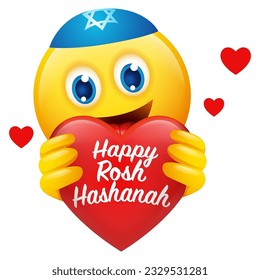 Cute Jewish emoticon holding heart symbol with text Happy Rosh Hashanah isolated on white