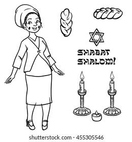 cute jewish religion woman with hala, candles and shabat