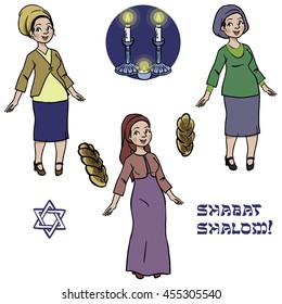 cute jewish religion women in kosher wear with hala, candles ready to shabat