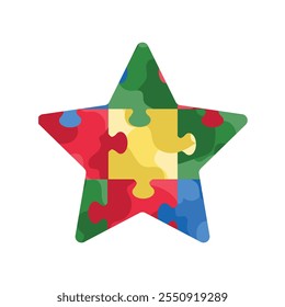 Cute jigsaw puzzle in star shape in blue, yellow, green and red colors square isolated on white background. Hand drawn vector illustration in flat style. Autism spectrum disorder concept, children
