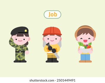 Cute Job Illustration - Color Version of Soldier, Firefighter, and Farmer.