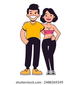 Linda pareja de jogging vestida con ropa deportiva. Hombre y mujer felices corriendo al aire libre juntos. Actividad deportiva, estilo de vida saludable. Calienta antes de entrenar. Ilustración de dibujos animados de Vector plano aislado en blanco.