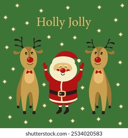 Cute, jolly Santa Claus with his reindeer helpers. Greeting card. Merry Christmas and Happy New Year. Vector illustration for greeting card, invitation, flyer, cover, banner, poster.