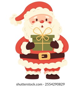 A cute and jolly Santa Claus holding a wrapped gift. Vector illustration.