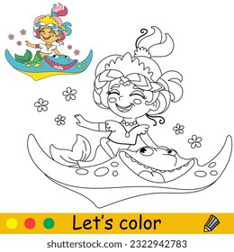 Cute and jouful mermaid riding a sea stingray. Vector cartoon black and white illustration. Kids coloring page with a color sample. For print, design, poster, sticker, card, decoration, t shirt design