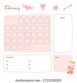 Notas de planejador mensal de diário bonito em modelo de doodle tema rosa amor de namorados. Página de memorando criativo para livro de sucata, impressão, diário, design, notebook