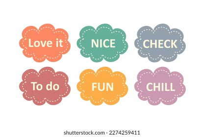 Cute journal and planner design. Decorative stickers with different inscriptions for to do list and schedule. Fun, chill, nice, check. Cartoon flat vector collection isolated on white background