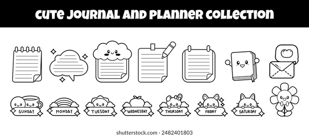 Cute journal and planner outline vector illustration set