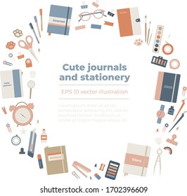 Cute journals and school stationery - planning and organising tools in round circle frame around text template. Flat isolated vector illustration of pastel study supplies. 