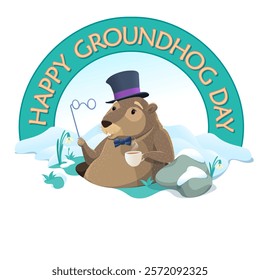 Cute joyful animal groundhog looks out of hole. Holiday card Happy Groundhog Day. February 2