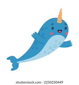 Cute joyful baby narwhal. Adorable sea mammal animal cartoon character vector illustration