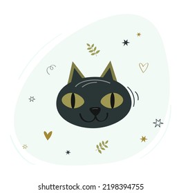 Cute joyful, black cat, round icon, emoticons. Muzzle of a cat, autumn leaves, stars. Vector image on a light background for Halloween.