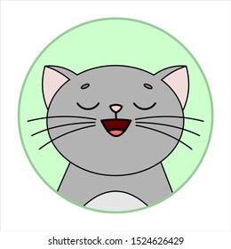 Cute Joyful Cat, Round Icon, Emoji. Gray Cat With Whiskers Smiles, Eyes Closed. Vector Image Isolated On A White Background.