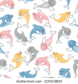 Cute joyful childish dolphin vector seamless pattern. Pretty sea mammal endless fill design. Hand drawn cartoon dolphin play in the sea. Kids seamless pattern. Happy cubs on white background.