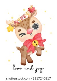 Cute joyful Christmas reindeer animal with ornaments hanging friom antlers, cartoon animal character watercolour hand drawing vector illustration