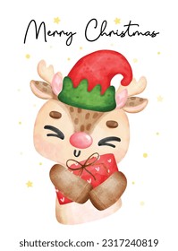 Cute joyful Christmas reindeer animal squeeze wrapped present box, merry christmas, cartoon animal character watercolour hand drawing vector illustration