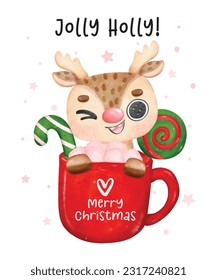 Cute joyful Christmas reindeer animal in Hot Chocolate cup, Happy Holiday, cartoon animal character watercolour hand drawing vector illustration