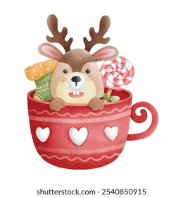 Cute joyful Christmas reindeer animal in Hot Chocolate cup, Happy Holiday, cartoon animal character watercolour hand drawing vector illustration