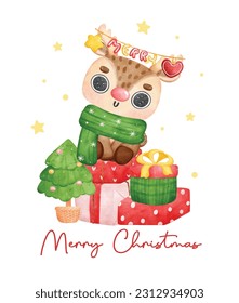 Cute joyful Christmas reindeer with decoration galand hang on antlers sits on stack of wrapped gifts, cartoon animal character watercolour hand drawing vector illustration