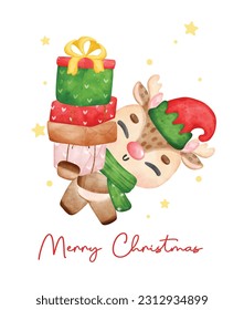 Cute joyful Christmas reindeer Santa helper wear elf hat holding stack of wrapped presents, merry christmas time, cartoon animal character watercolour hand drawing vector illustration