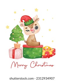 Cute joyful Christmas reindeer santa helper with elf hat sit on stack of wrapped presents, cartoon animal character watercolour hand drawing vector illustration