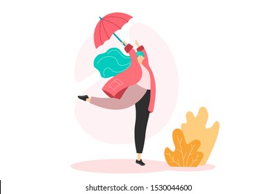 Cute  joyful, flat, girl characters. woman in tracksuit boots and hat jumping in puddles with umbrella. Colorful vector illustration in modern flat style