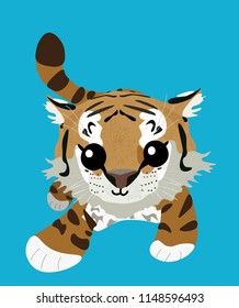 Cute joyful funny tiger on a colorful background. Cute cartoon animals flat design. Hand vector illustration. Sweet tiger cubs collection, forest dwellers. Template for design of cards, posters, inter