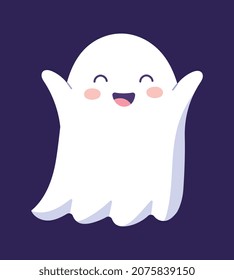 Cute joyful ghost. Cheerful spirit, happy halloween. Celebration, entertainment, play, rest, weekend. Character stands smiling with raised up arms, greeting. Cartoon flat vector illustration