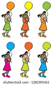 cute joyful girl standing holding a floating balloon wearing a dress and bows in her ponytails with multiple repeated colorful choices and ethnicity
