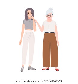 Cute joyful grandmother and granddaughter talking, joking and laughing. Funny happy elderly woman and young teenage girl having fun together. Colorful vector illustration in flat cartoon style.