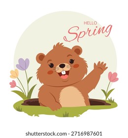 Nettes, fröhliches Murmeltier, das aus einem Loch schaut,
lächelnd und winkend Pfote.Hallo Frühling. Frühlingszeit druckt Design. Vorlage für Karten, Poster, Postkarten, Drucke und Aufkleber. Isolierte Vektorgrafik.