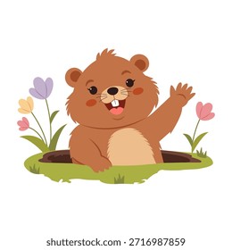 Nettes, fröhliches Murmeltier, das aus einem Loch schaut,
lächelnd und winkend Pfote.Spring kommt.Vektorgrafik