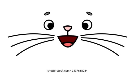 Cute, Joyful, Happy Animal Face, Emoji. The cat's face with a mustache smiles, rejoices. Image for baby clothes, t-shirts. Vector image isolated on a white background.