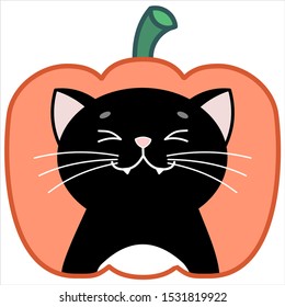 Cute Joyful, Happy Cat, Round Icon, Emoticons. Black Cat on pumpkin background. Smiles, Squinting, Fangs, Teeth. Halloween. Vector Image Isolated On White Background.