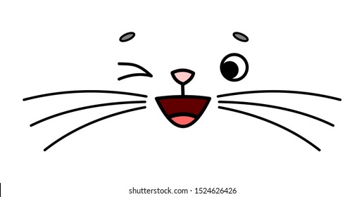 Cute, Joyful, Happy Face Of The Animal, Emoji. Feline Muzzle With Whiskers Smiling With One Eye Squinting. Image For Baby Clothes, T-shirts. Vector Image Isolated On A White Background.