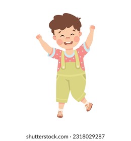 Cute joyful little boy with his hands raised. Brown haired boy dressed jumpsuit having fun cartoon vector illustration