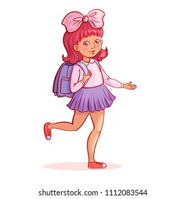 Cute and joyful little girl with a school bag goes to school. Illustration in retro style on a white background. Back to school