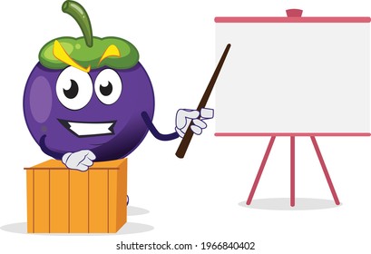 cute joyful mangosteen character speaking about something on board in front of a podium