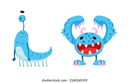 Cute joyful monsters. Happy funny toothy monster and alien cartoon characters vector illustration