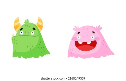 Cute joyful monsters. Happy funny green and pink monster and alien cartoon characters vector illustration