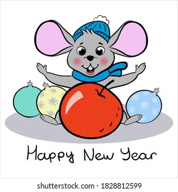 Cute joyful mouse for Christmas with huge Christmas ball. With the big apple and the words Happy New Year