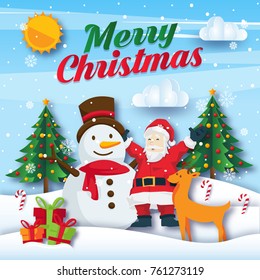 Cute Joyful Santa Claus, Snowman and Reindeer Merry Christmas And Happy New Year Paper Art Card Illustration