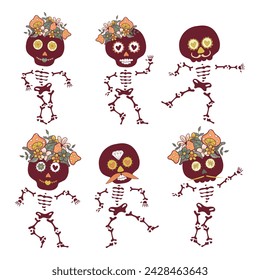 cute joyful skeletons with flowers and mushrooms on their heads are dancing together. Skeletons isolated on dark background. For design for the Day of the Dead or Halloween. Vector illustration.