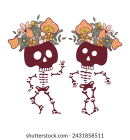 cute joyful skeletons with flowers and mushrooms on their heads are dancing together. Skeletons isolated on dark background. For design for the Day of the Dead or Halloween. Vector illustration.