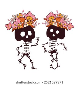 cute joyful skeletons with flowers and mushrooms on their heads are dancing together. Skeletons isolated on dark background. For design for the Day of the Dead or Halloween. Vector illustration.