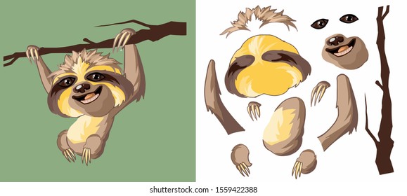 Cute joyful Sloth hanging on a branch. Cartoon character. Classic handmate vector illustration. Isolated. Sloth for animation